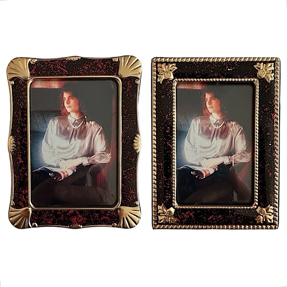 Guilloche Burgundy Red Enamel Gold Trim Photo Frame (pair of 2) Miniature 3”x 4” - Picture 1 of 7